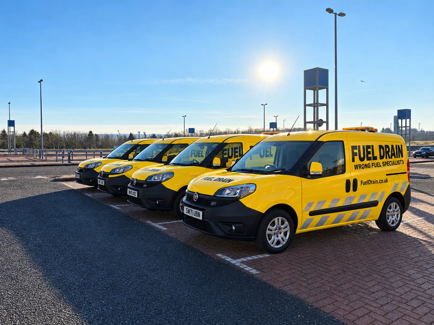 Four yellow Fuel Drain vans with black fleet branding