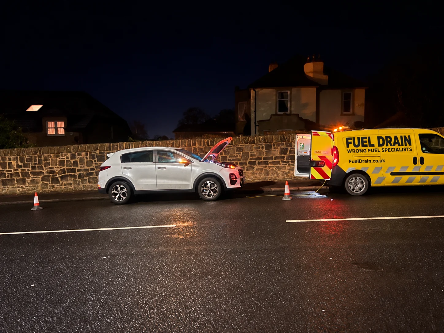 Yellow Fuel Drain van at a customer callout